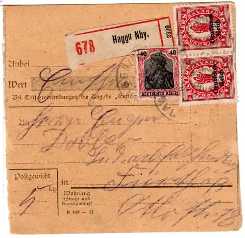 DR 1920, 2x1 M.  Bayern Abschied + 40 Pf. Germania auf Reko-Paketkarte v. Haggn