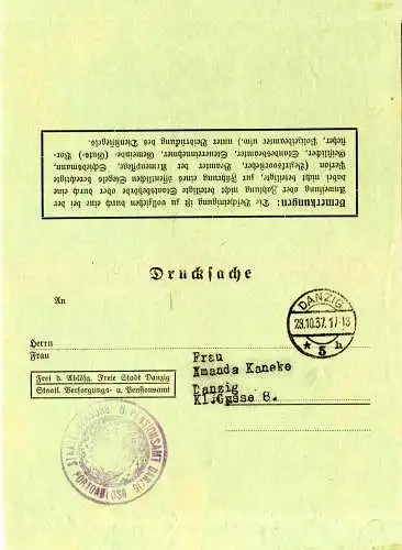 Danzig 1937, Frei d. Ablösung Orts-Drucksache m. blauem Pensionsamts Briefstpl.