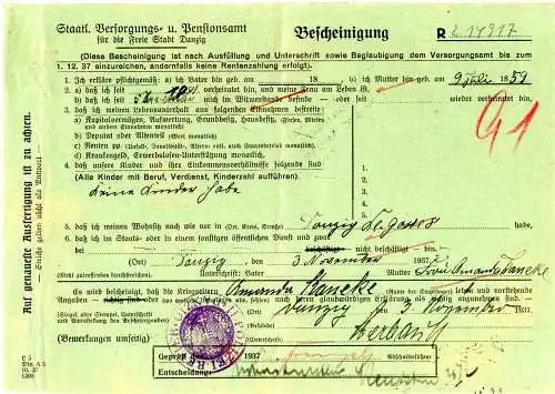 Danzig 1937, Frei d. Ablösung Orts-Drucksache m. blauem Pensionsamts Briefstpl.