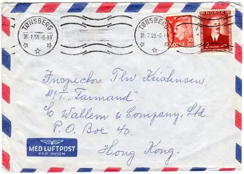 Norwegen 1959, 2 Kr.+30 öre auf Luftpost Brief v. Tönsberg n. Hong Kong