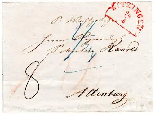 Bayern 1841, roter HKS KITZINGEN klar auf Porto Brief n. Altenburg, Sachsen