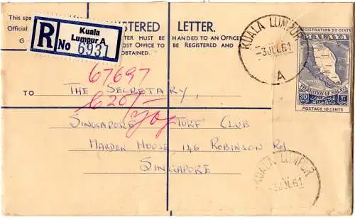 Malaya, 30 C. Einschreiben Ganzsache Brief v. Kuala Lumpur n. Singapore.