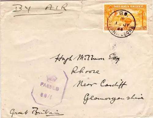 Sierra Leone 1944, 1/3 Sh. auf Luftpost Zensur Brief m. Ersttagsstempel. FDC!