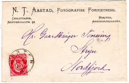 Norwegen 1888, 10 öre auf Vordruckumschlag N.T. Aastad v. Horten n. Nordfjord