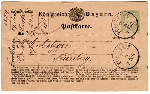 Bayern 1874, K1 Forchheim auf 2 Kr. Ganzsache m. Bestellung n. Nürnberg