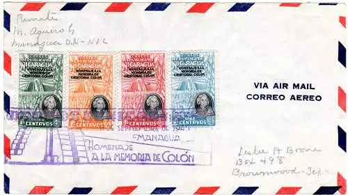 Nicaragua 1945, Memoria De Colon zus m. 2 rücks. Marken auf Brief m. Sonderstpl.