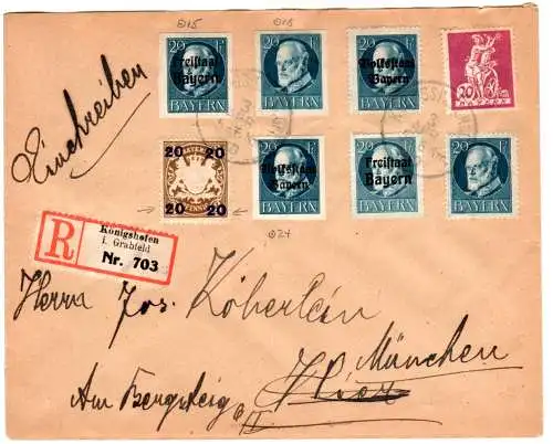 Bayern 1920, 8 versch. 20 Pf. Marken auf Reko-Brief v. Königshofen i. Grf.