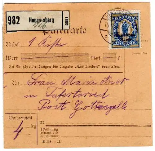 DR 1920, 1 1/4 Mk. Bayern Abschied auf Paketkarte v. Hengersberg n. Tafertsried