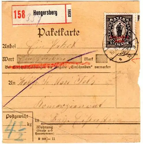 DR 1920, EF 2 1/2 Mk. Bayern Abschied auf Einschreiben Paketkarte v. Hengersberg