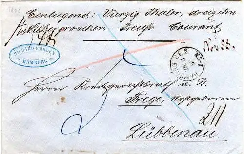 NDP 1869, K1 Hamburg P.E.2 auf Wertbriefumschlag n. Lübbenau. Porto 5 Gr.