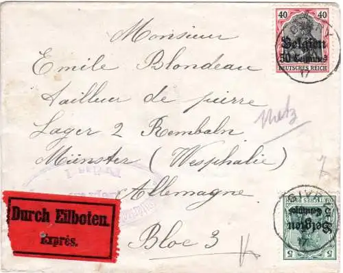 Belgien 1917, 5+50 C. auf Eilboten Brief v. Givry ins KGF Lager Rennbahn Münster