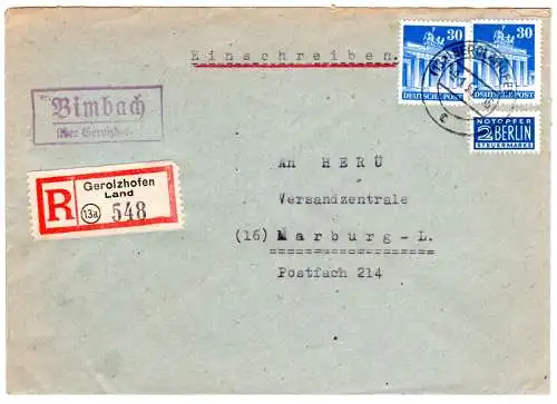 BRD 1951, Landpost Stpl. BIMBACH über Gerolzhofen auf Reko-Brief m. MeF 2x30 Pf 