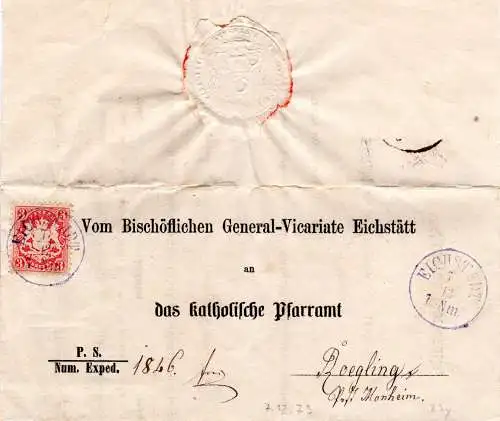 Bayern 1873, blauer K1 Eichstädt auf Vordruckbrief via Donauwörth n. Rögling