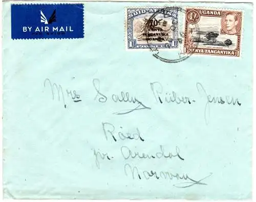 Kenya Tanganyika Uganda 1946, 70 C./1 Sh.+1 Sh. auf Luftpost Brief n. Norwegen