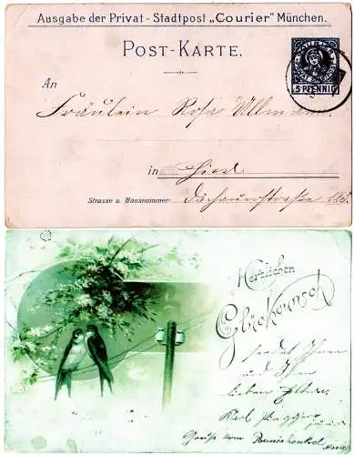 Private Stadtpost München P7, gebr. 5 Pf. Ganzsache m. rs. Abb. Schwalben