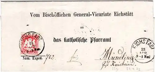 Bayern 1872, K1 Eichstädt auf Vordruckbrief n. Mündling via Donauwörth