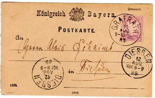 Bayern 1889, 5 Pf. viol. auf Güterexpeditions Karte m. K1 Grafrath n. Diessen