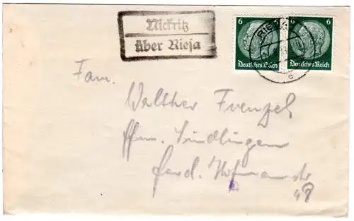 DR 1937, Landpost Stpl. NICKRITZ über Riesa auf Brief m. 2x6 Pf.