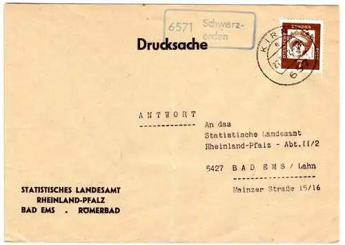 BRD 1962, Landpost Stpl. 6571 SCHWARZERDEN auf Drucksache m. 7 Pf. m. Stpl. Kirn