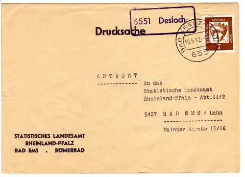 BRD 1962, Landpost Stpl. 6551 DESLOCH auf Drucksache m. 7 Pf. ab Bad Kreuznach