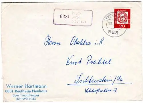 BRD 1962, Landpost Stpl. 8831 REUTH UNTER NEUHAUS  auf Brief m. 20 Pf