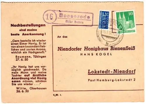 BRD 1951, Landpost Stpl. 16 BOSSERODE über Bebra auf Honigbestellkarte m. 10 Pf.