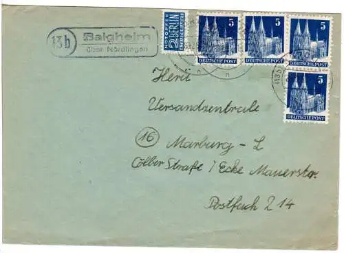 BRD 1950, Landpost Stpl. 13b BALGHEIM über Nördlingen auf Brief m. 4x5 Pf.