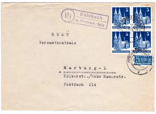 BRD 1952, Landpost Stpl. 17a BALSBACH üb. Mosbach/Baden auf Brief m. 4x5 Pf.