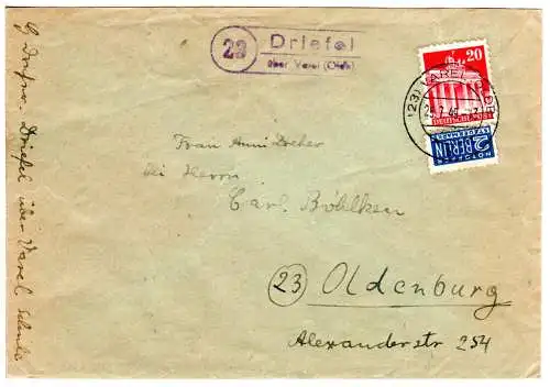 BRD 1949, Landpost Stpl. 23 DRIEFEL über Varel (Oldb.) auf Brief m. 20 Pf.