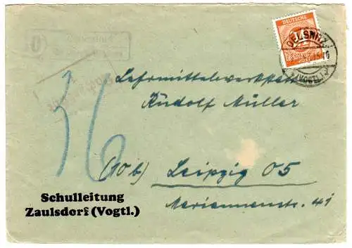 BRD 1947, Landpost Stpl. 10 ZAULSDORF über Oelsnitz (Vogtl.) auf Brief m. 24 Pf.