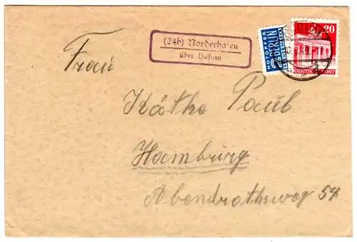 1949, Landpost Stpl. 24b NORDERHAFEN über Husum auf Brief m. 20 Pf.