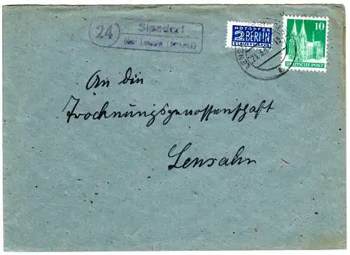 1949, Landpost Stpl. 24 SIPSDORF über Lensahn (Holst.) auf Brief m. 10 Pf.