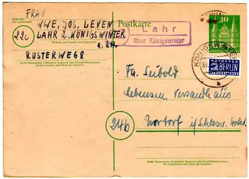 BRD 1950, Landpost Stpl. 22 LAHR über Königswinter auf 10 Pf. Ganzsache