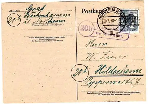 1948, Landpost Stpl. 20b WACHENHAUSEN über Northeim (Han) auf Karte m. 12 Pf.