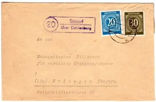 1947, Landpost Stpl. 20 SÜTTORF über Dahlenburg auf Brief m. 20+30 Pf.