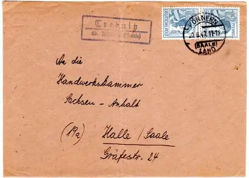 1947, Landpost Stpl. TREBNITZ über Könnern (Saale) auf Briefteil m. 2x12 Pf.