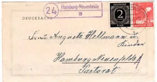 1947, Landpost Stpl. 24 HAMBURG-NEUENFELDE 3 auf Trauerkarte m- 2+8 Pf.