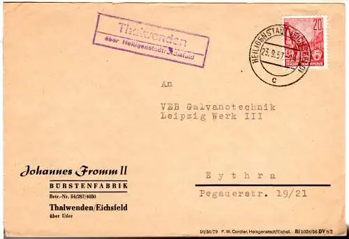 DDR 1957, Landpost Stpl. THALWENDEN über Heiligenstedt/Eic. auf Brief m. 20 Pf. 