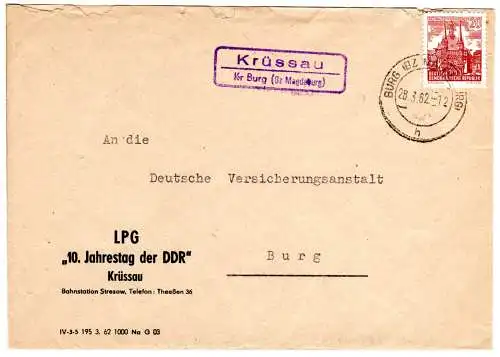 DDR 1962, Landpost Stpl. KRÜSSAU Kr. Burg Bz. Magdeburg auf LPG Brief m. 20 Pf. 