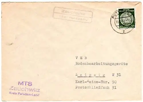 DDR 1960, Landpost Stpl. ZAUCHWITZ über Potsdam auf Brief m. 20 Pf. Dienst.