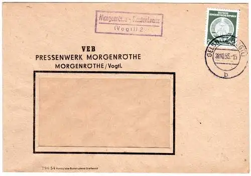 DDR 1955, Landpost Stpl. MORGENRÖTHE-RAUTENKRANZ auf Brief m. 20 Pf. Dienst.