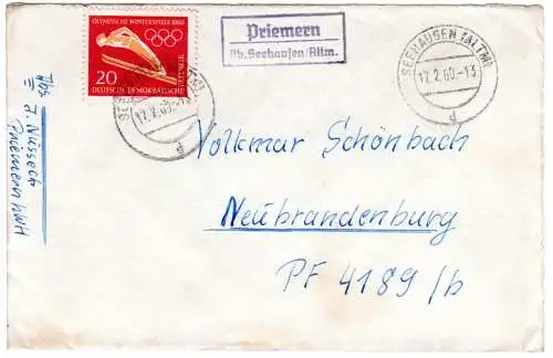 DDR 1960, Landpost Stpl. PRIEMERN üb. Seehausen/Altm. auf Brief m. 20 Pf. 