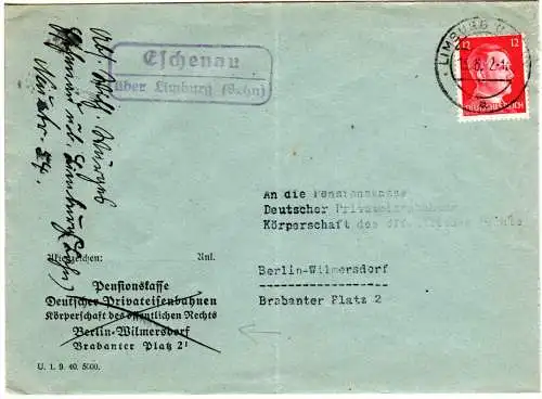 DR 1935, Landpost Stpl. ESCHENAU über Limburg (Lahn) auf Brief m. 12 Pf.