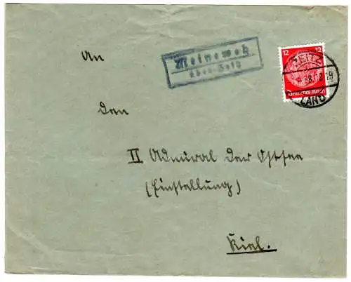 DR 1938, Landpost Stpl. MEINEWEH über Zeitz auf Brief m. 12 Pf.