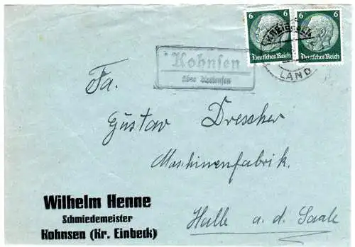 DR 1936, Landpost Stpl. KOHNSEN über Kreiensen auf Briefteil m. 2x6 Pf.