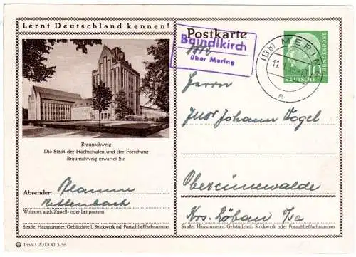 BRD 1956, Landpost Stpl. BAINDLKIRCH über Mering auf 10 Pf. Bild-Ganzsache 