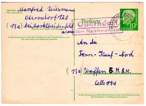 BRD 1957, Landpost Stpl. OBERNDORF über Marktheidenfeld auf 10 Pf. Ganzsache 