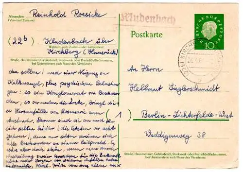 BRD 1961, Landpost Stpl. KLUDENBACH über Kirchberg auf 10 Pf. Ganzsache 