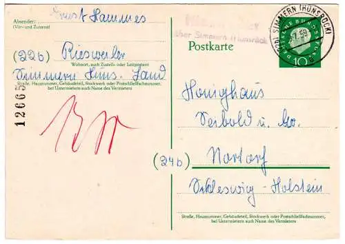 BRD 1959, Landpost Stpl. RIESWEILER über Simmern (Hunsrück) auf 10 Pf Ganzsache 