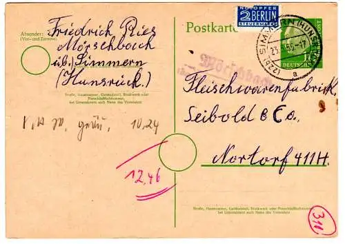 BRD 1955, Landpost Stpl. MÖRSCHBACH über Simmern (Hunsrück) auf 10 Pf Ganzsache 